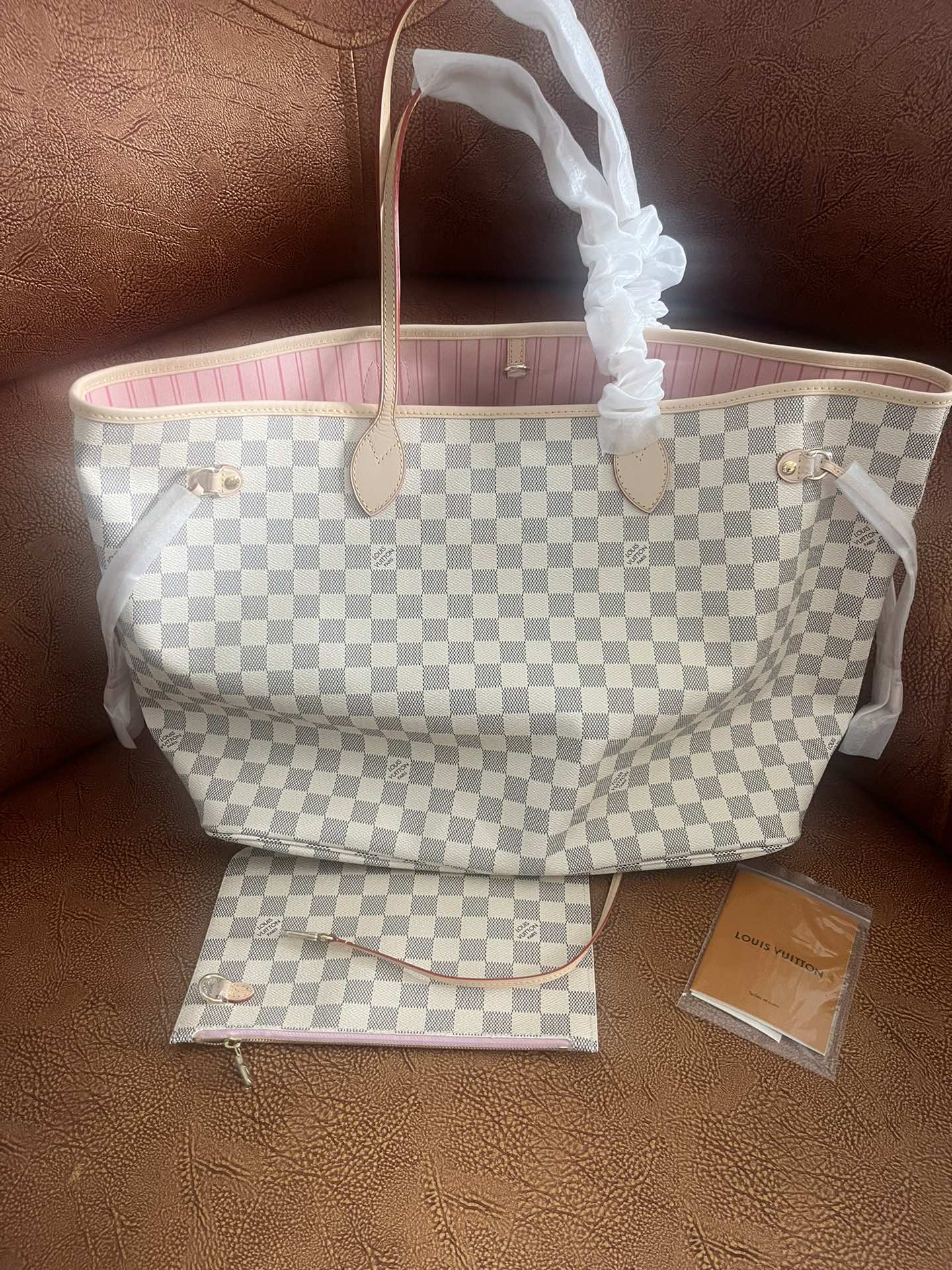 Checkered Canvas Tote Bag with Leather Trim - Large Shoulder Handbag - White and Grey