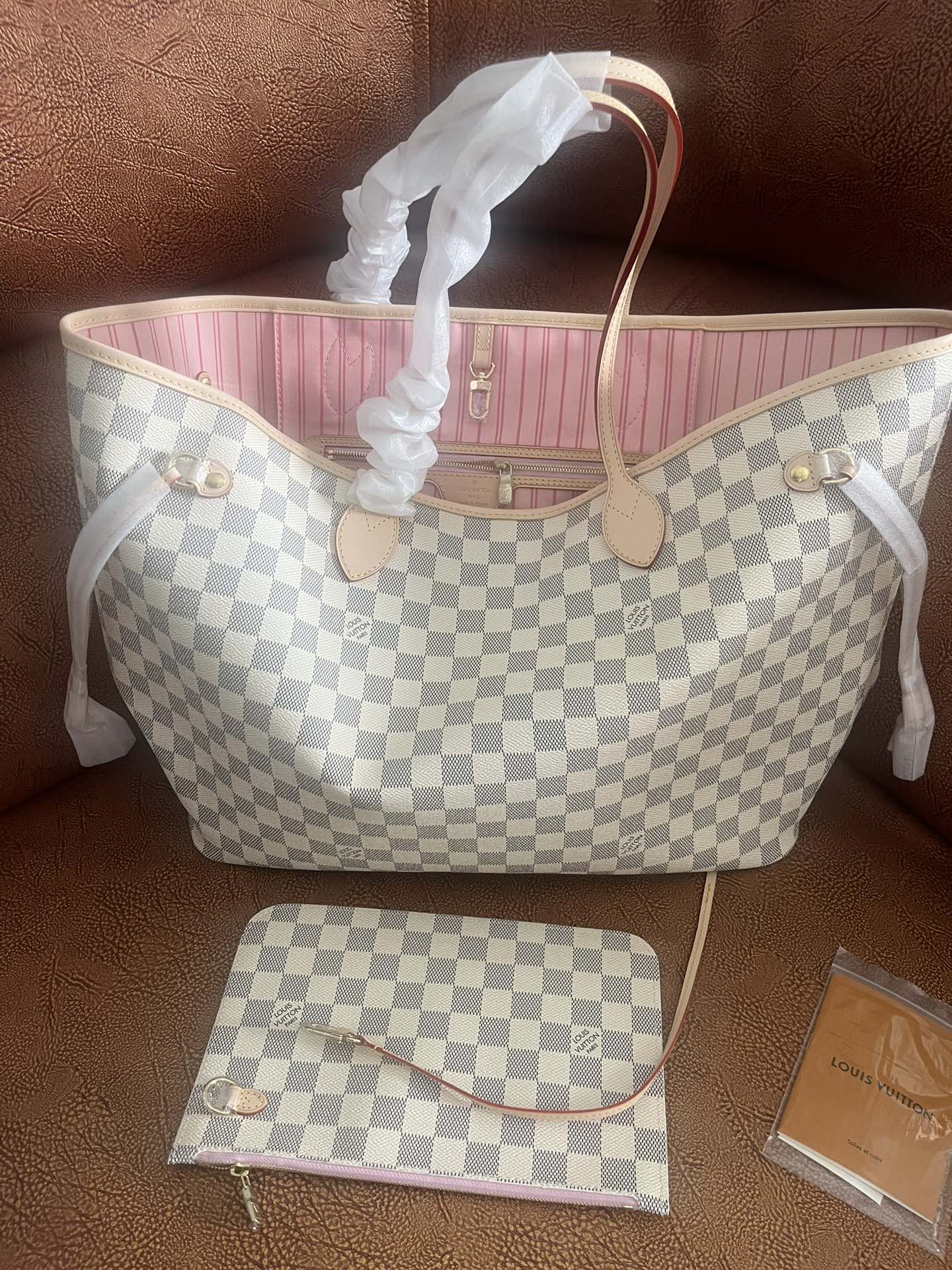 Checkered Canvas Tote Bag with Leather Trim - Large Shoulder Handbag - White and Grey