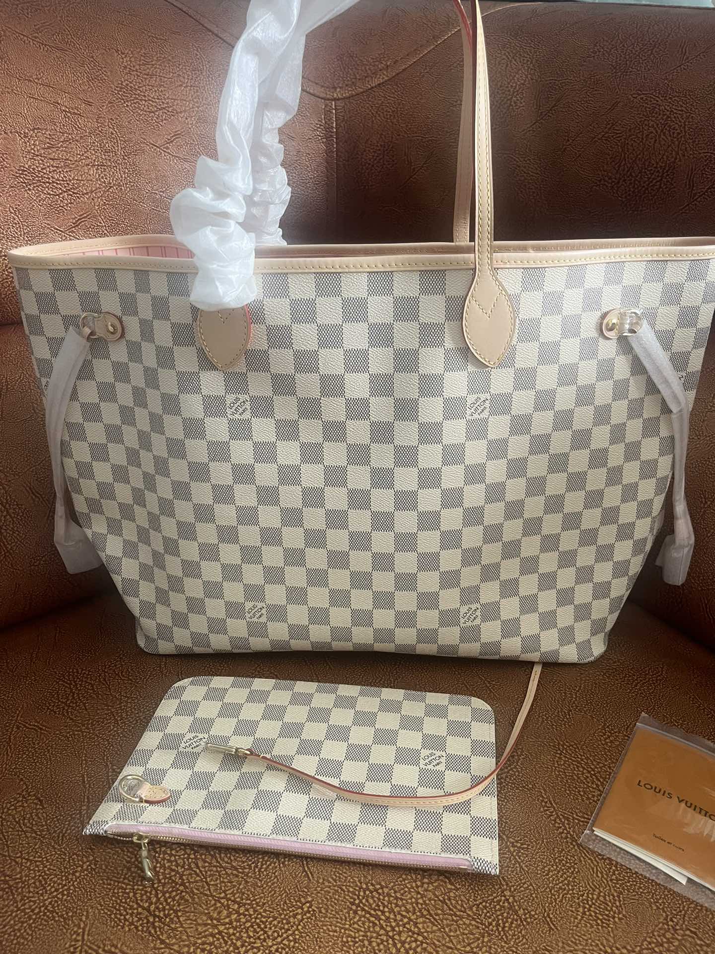 Checkered Canvas Tote Bag with Leather Trim - Large Shoulder Handbag - White and Grey