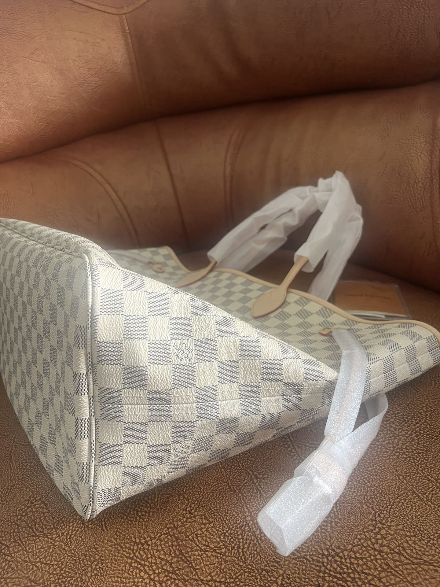 Checkered Canvas Tote Bag with Leather Trim - Large Shoulder Handbag - White and Grey
