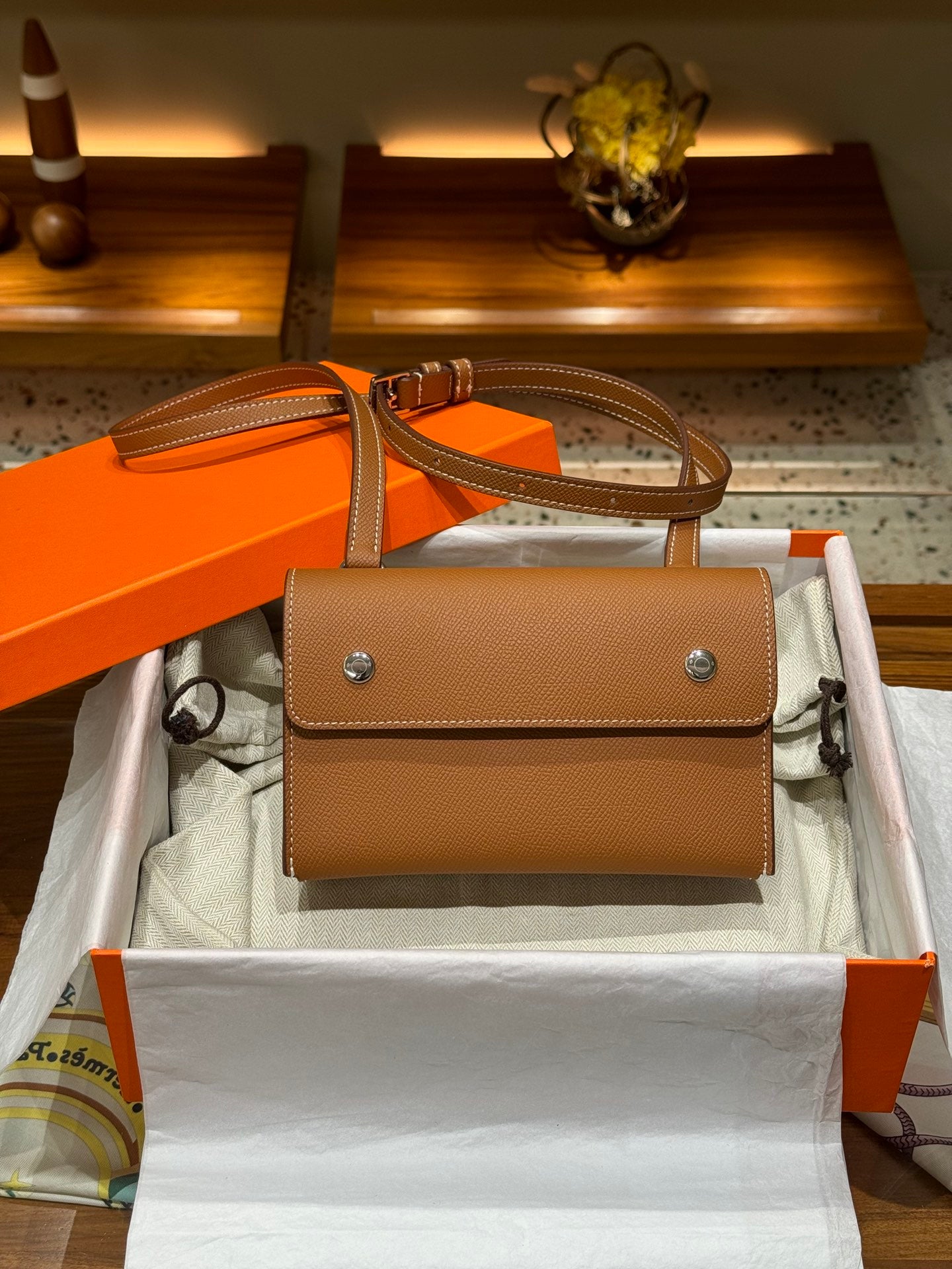 Epsom Leather Snap Wallet Crossbody Bag - Gold Brown with Silver Hardware