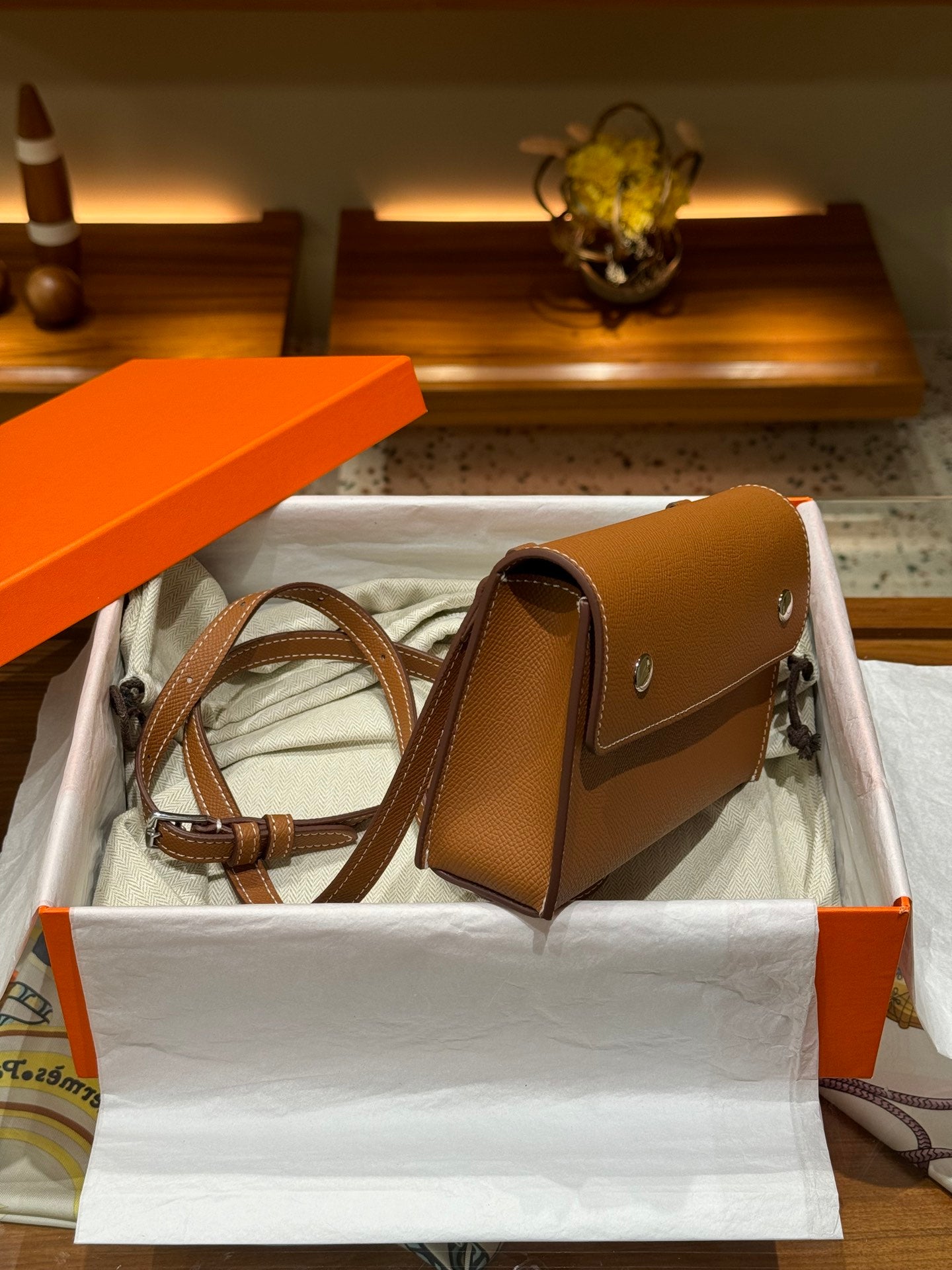 Epsom Leather Snap Wallet Crossbody Bag - Gold Brown with Silver Hardware