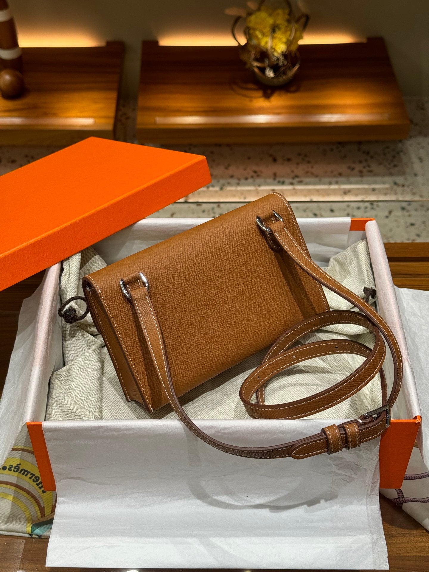 Epsom Leather Snap Wallet Crossbody Bag - Gold Brown with Silver Hardware