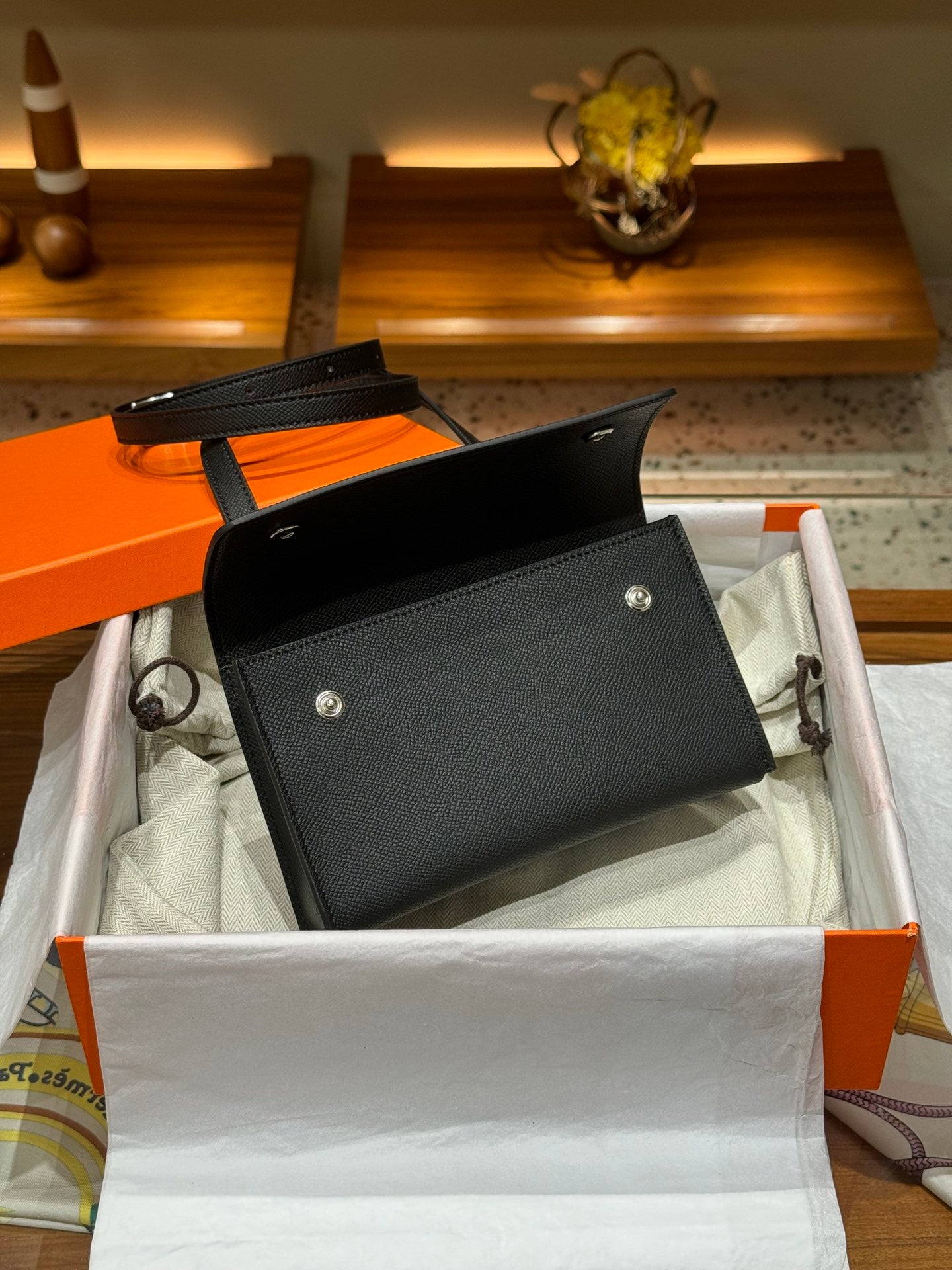 Epsom Leather Snap Wallet on Strap - Black with Silver Hardware
