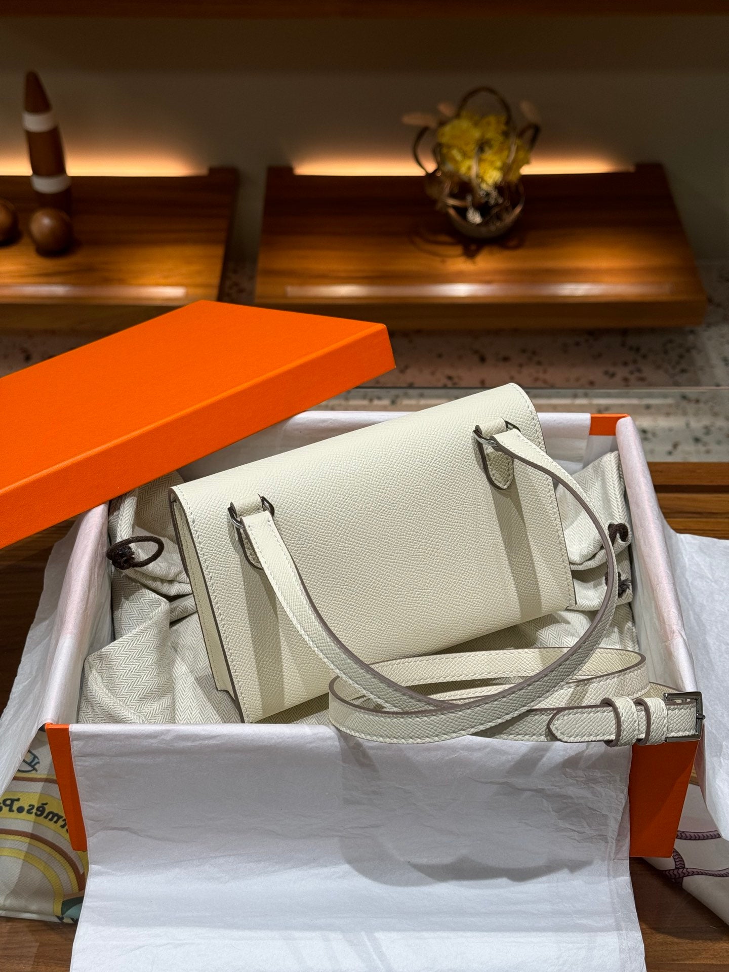 Epsom Cowhide Leather Snap Wallet Crossbody Bag - Cream White with Silver Buckle