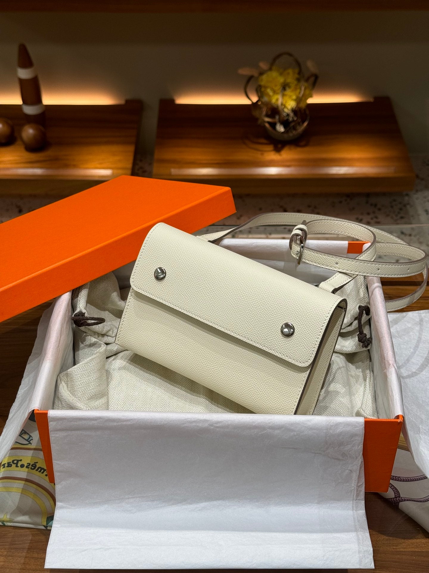 Epsom Cowhide Leather Snap Wallet Crossbody Bag - Cream White with Silver Buckle