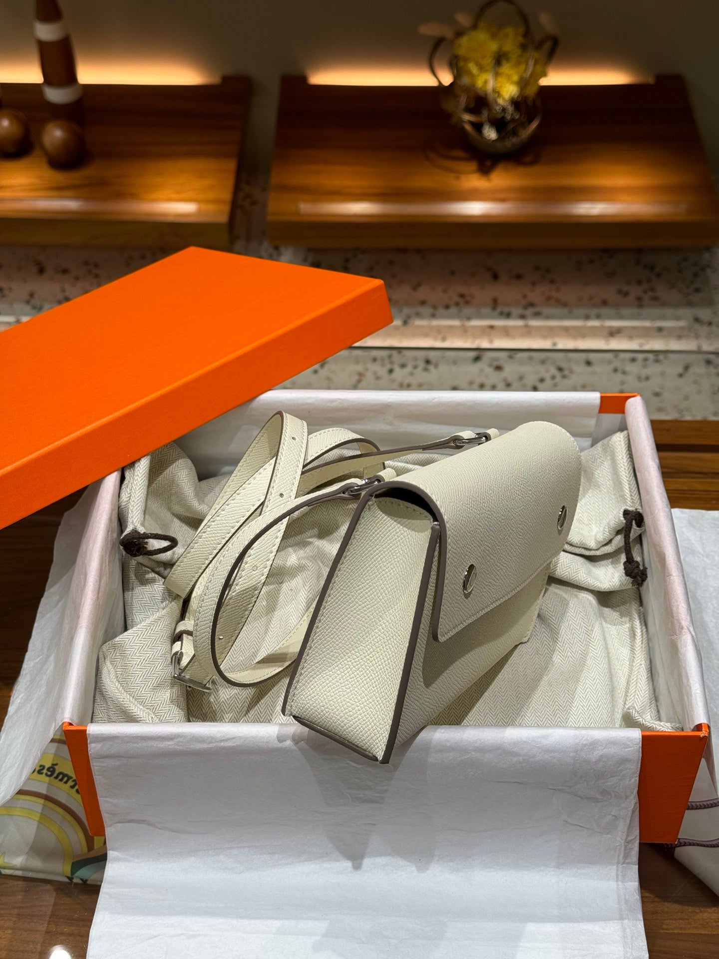 Epsom Cowhide Leather Snap Wallet Crossbody Bag - Cream White with Silver Buckle