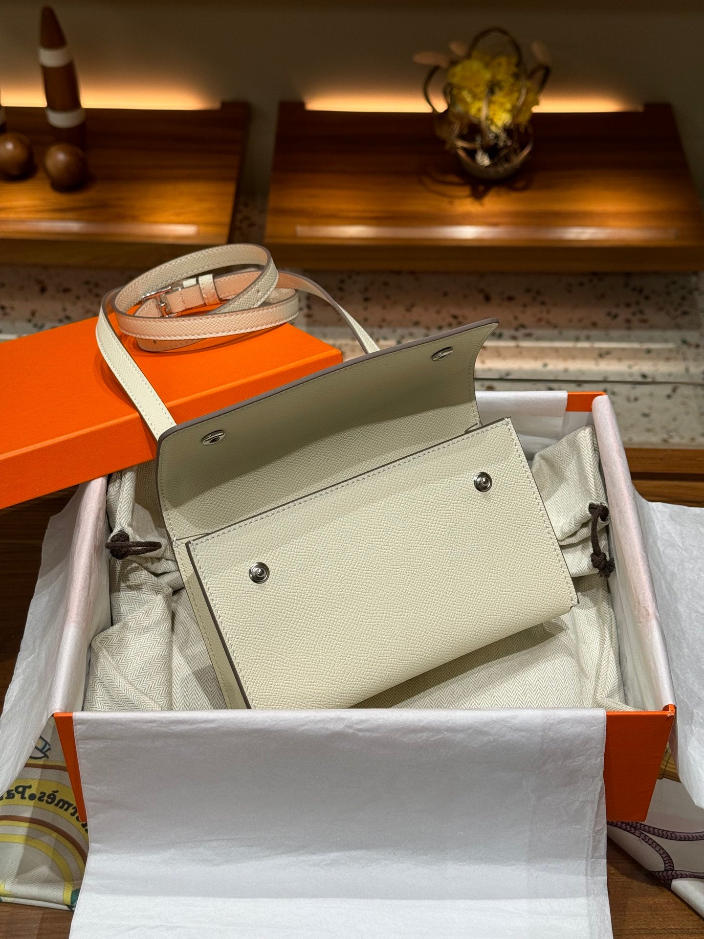 Epsom Cowhide Leather Snap Wallet Crossbody Bag - Cream White with Silver Buckle