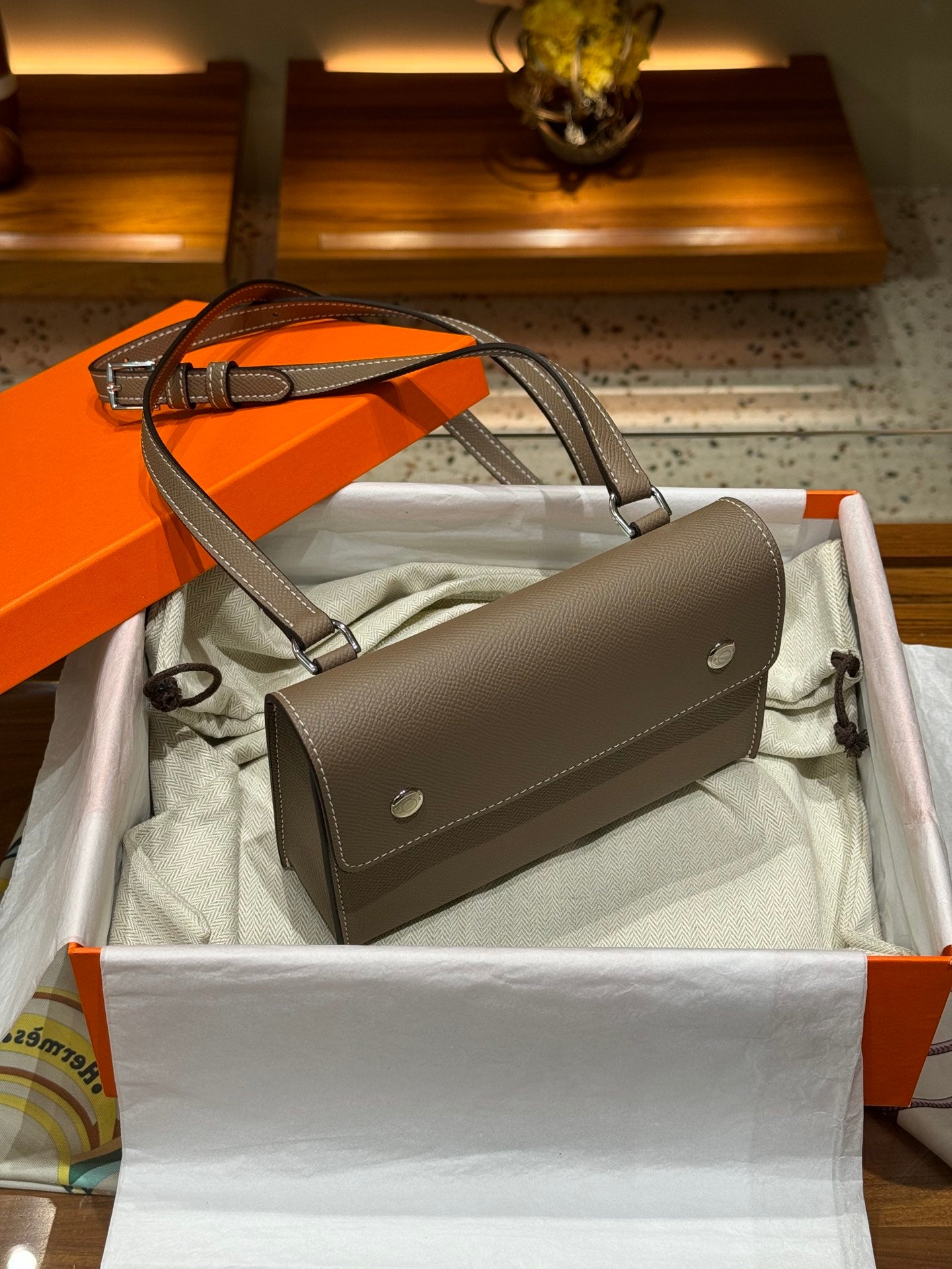 Epsom Leather Snap Wallet Crossbody Bag - Etoupe Gray with Silver Hardware