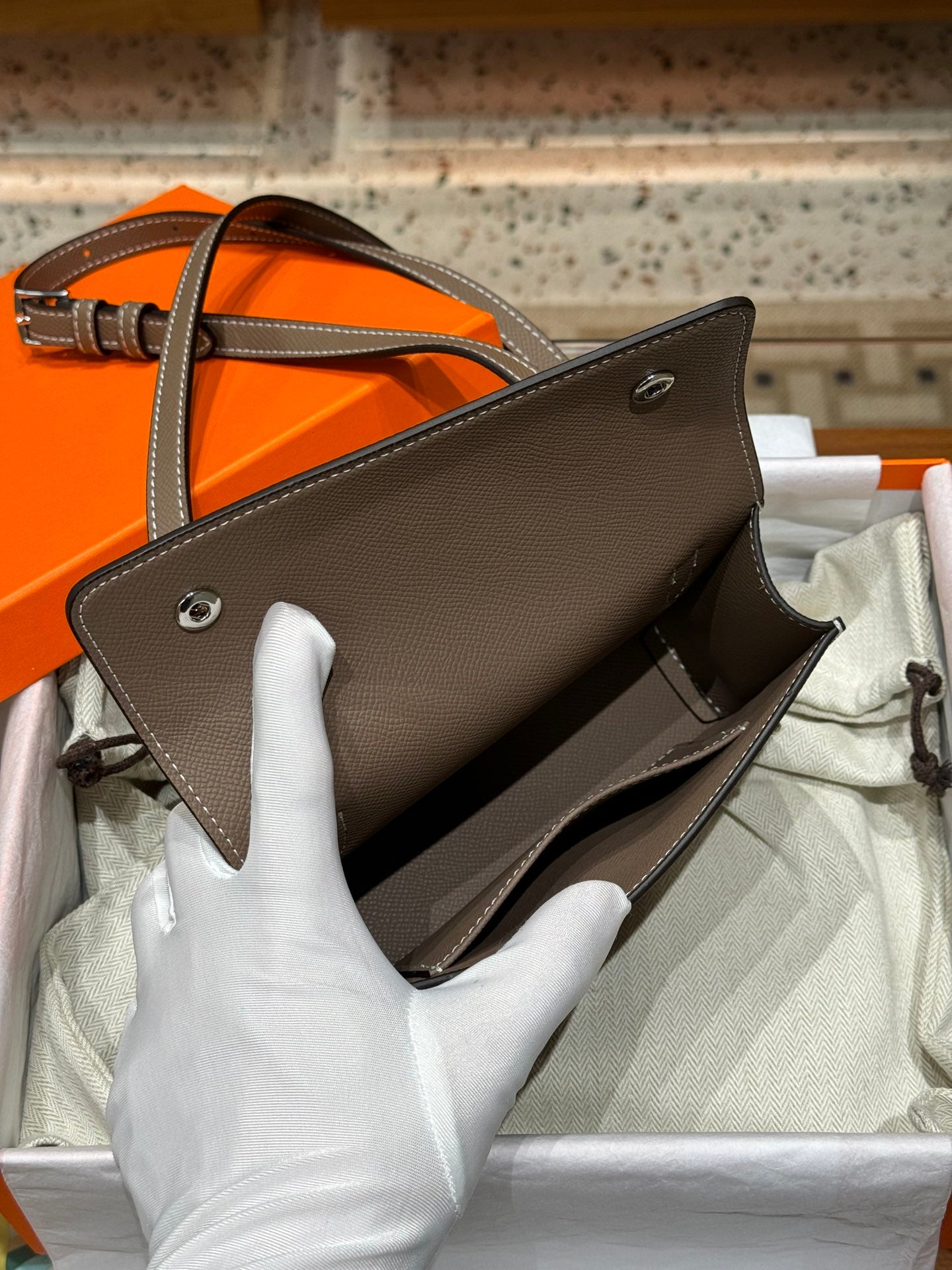 Epsom Leather Snap Wallet Crossbody Bag - Etoupe Gray with Silver Hardware