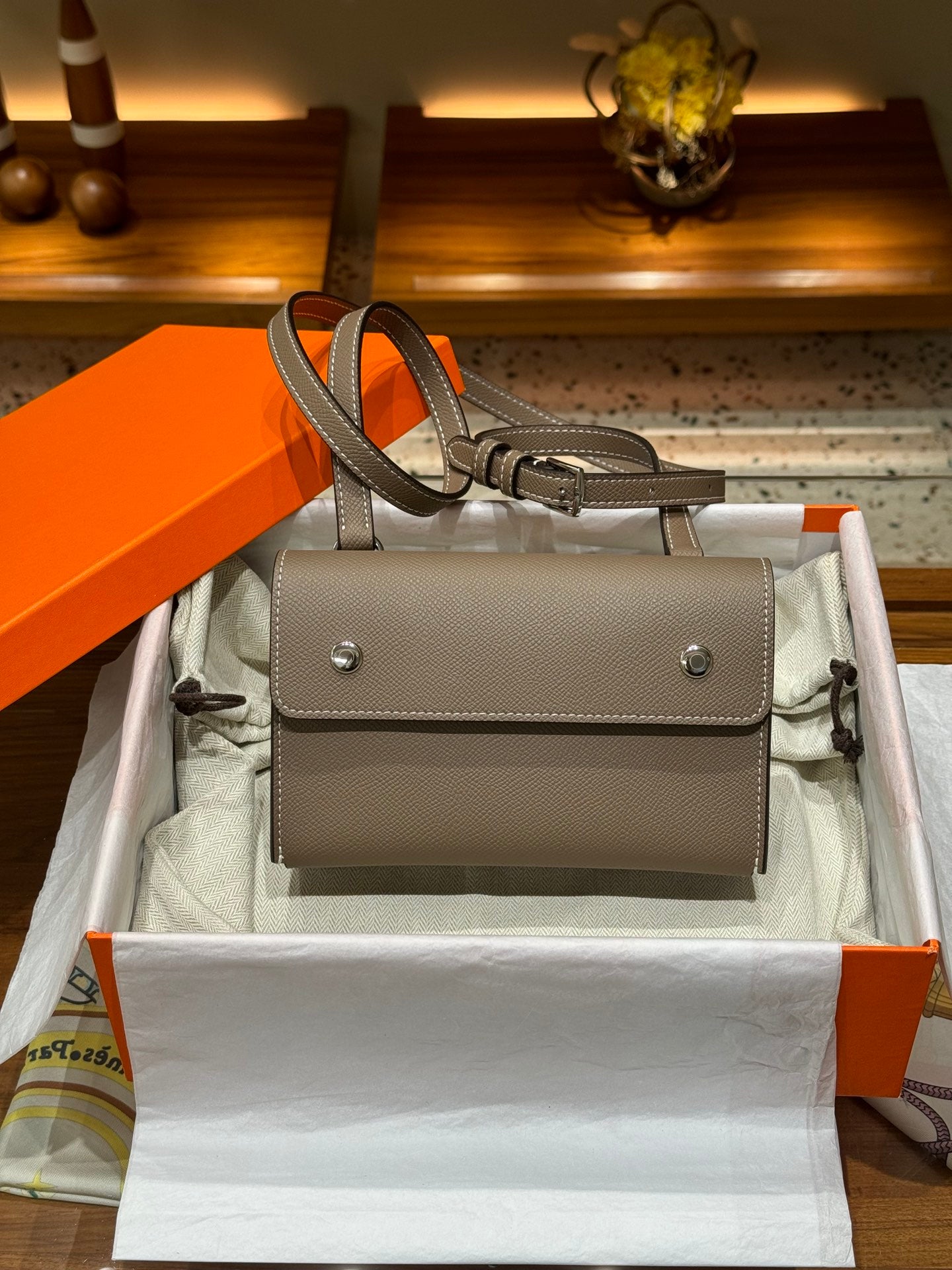 Epsom Leather Snap Wallet Crossbody Bag - Etoupe Gray with Silver Hardware