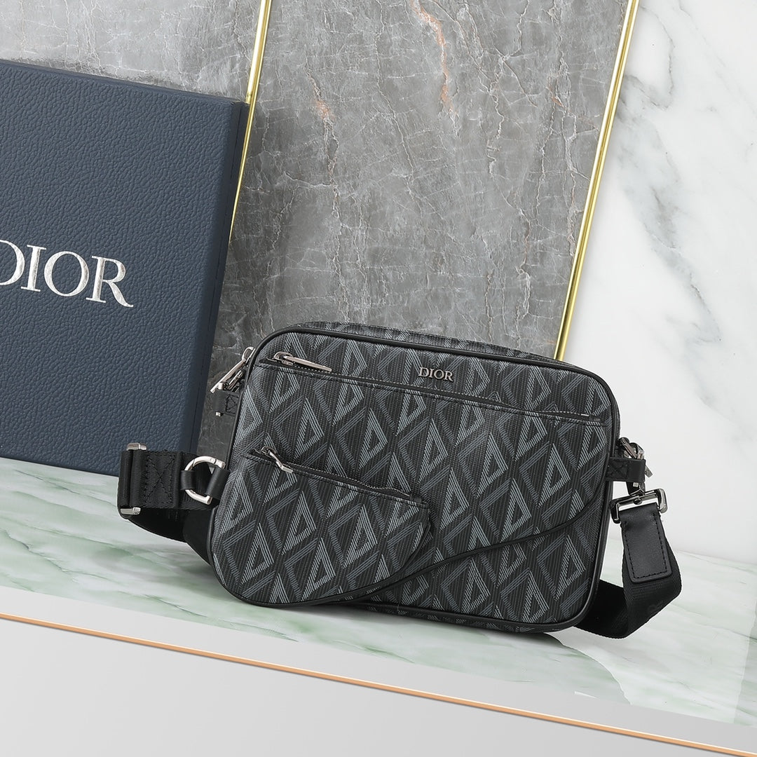 Dior Black CD Diamond Canvas Saddle Pouch Crossbody Bag