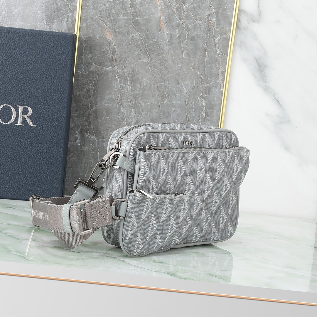 Dior Men's Grey CD Diamond Canvas Messenger Bag with Detachable Pouch