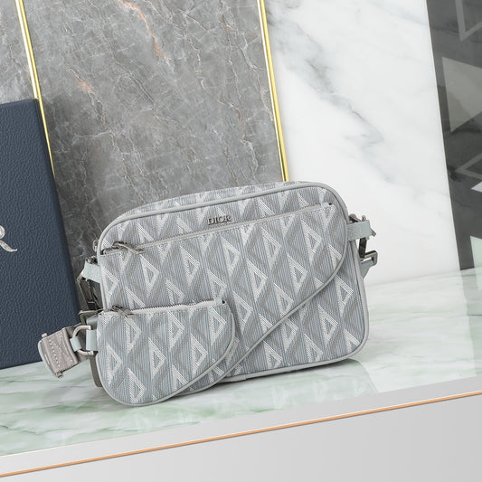 Dior Men's Grey CD Diamond Canvas Messenger Bag with Detachable Pouch