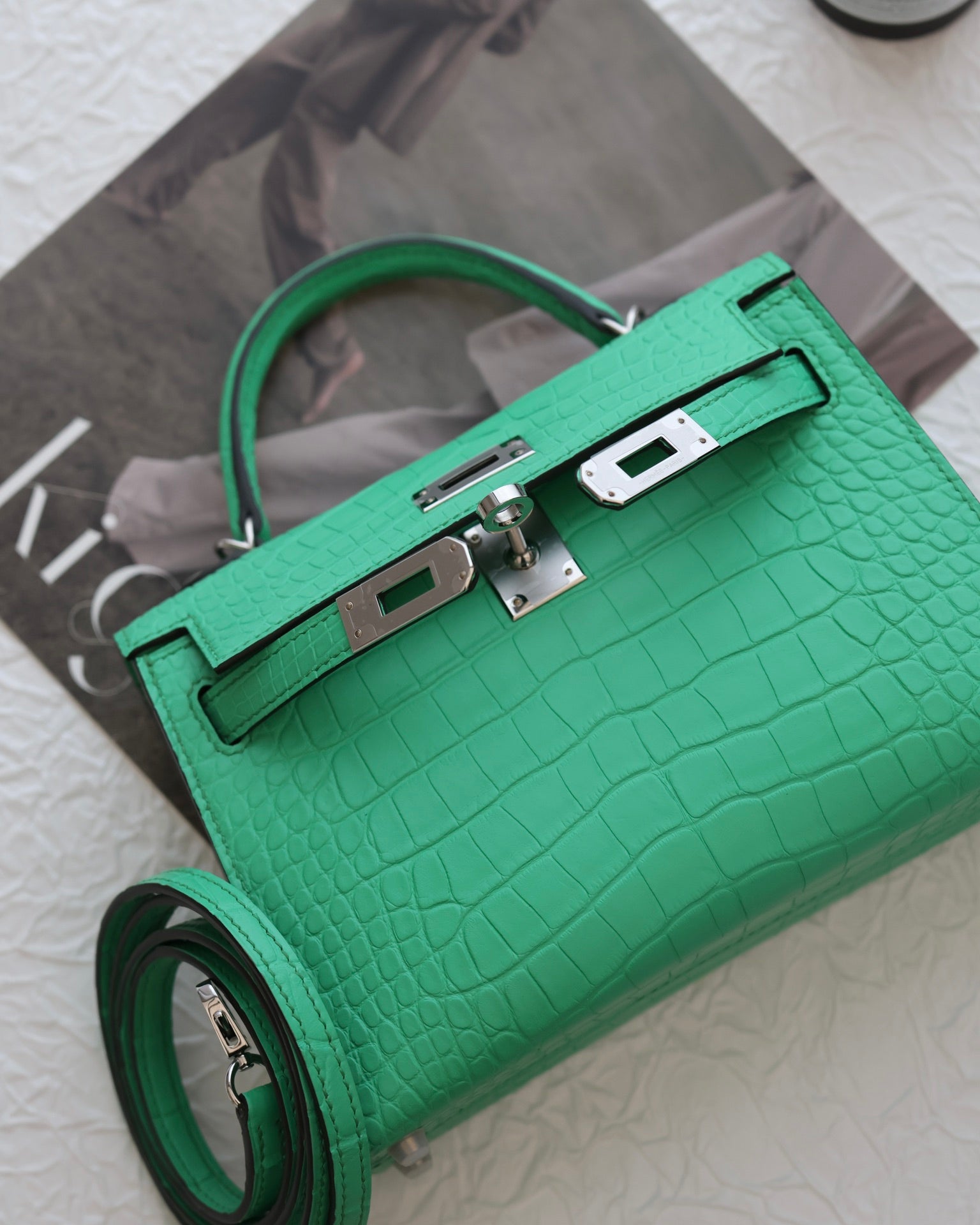 Vibrant Green Crocodile Embossed Top-Handle Handbag with Silver Hardware