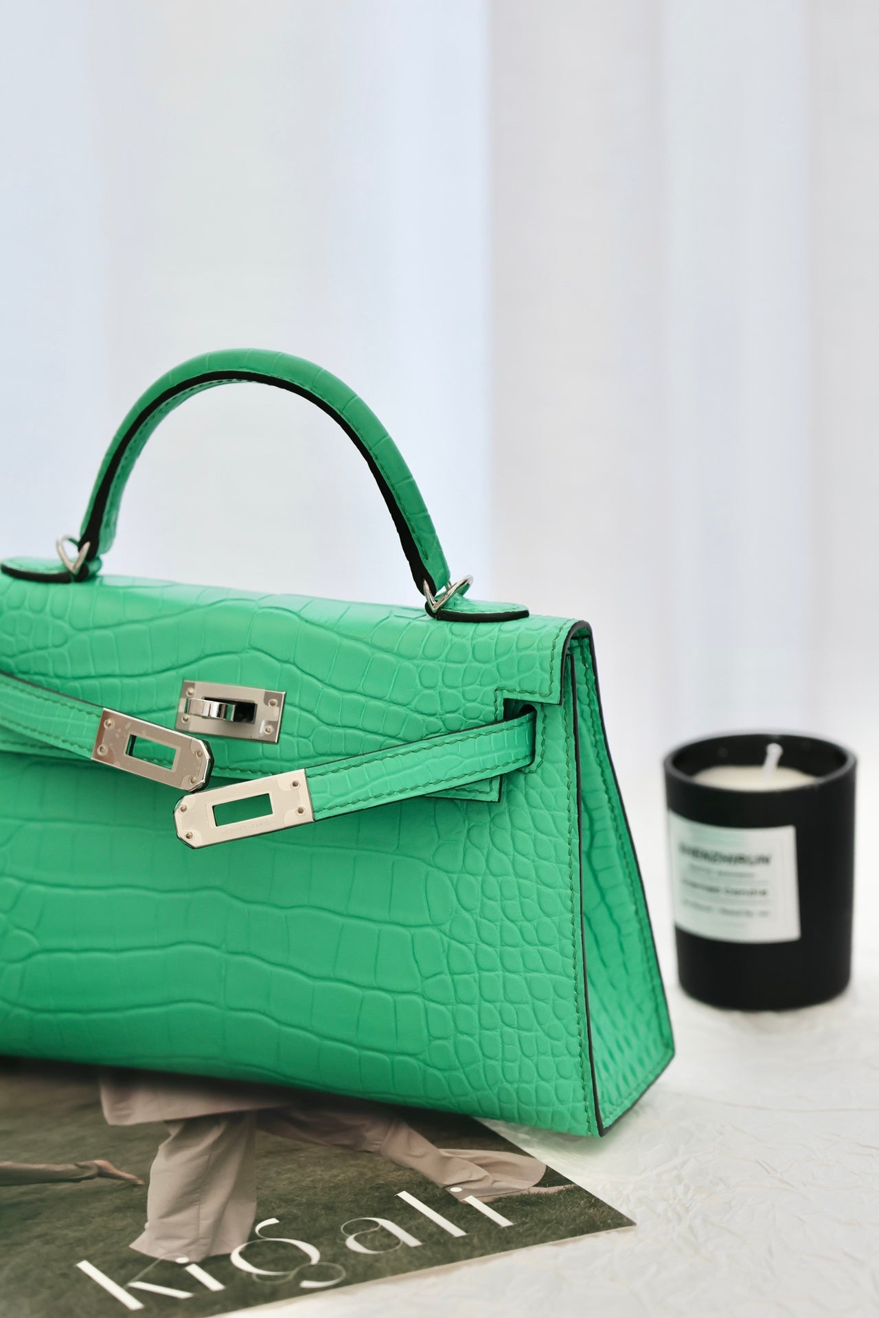 Vibrant Green Crocodile Embossed Top-Handle Handbag with Silver Hardware