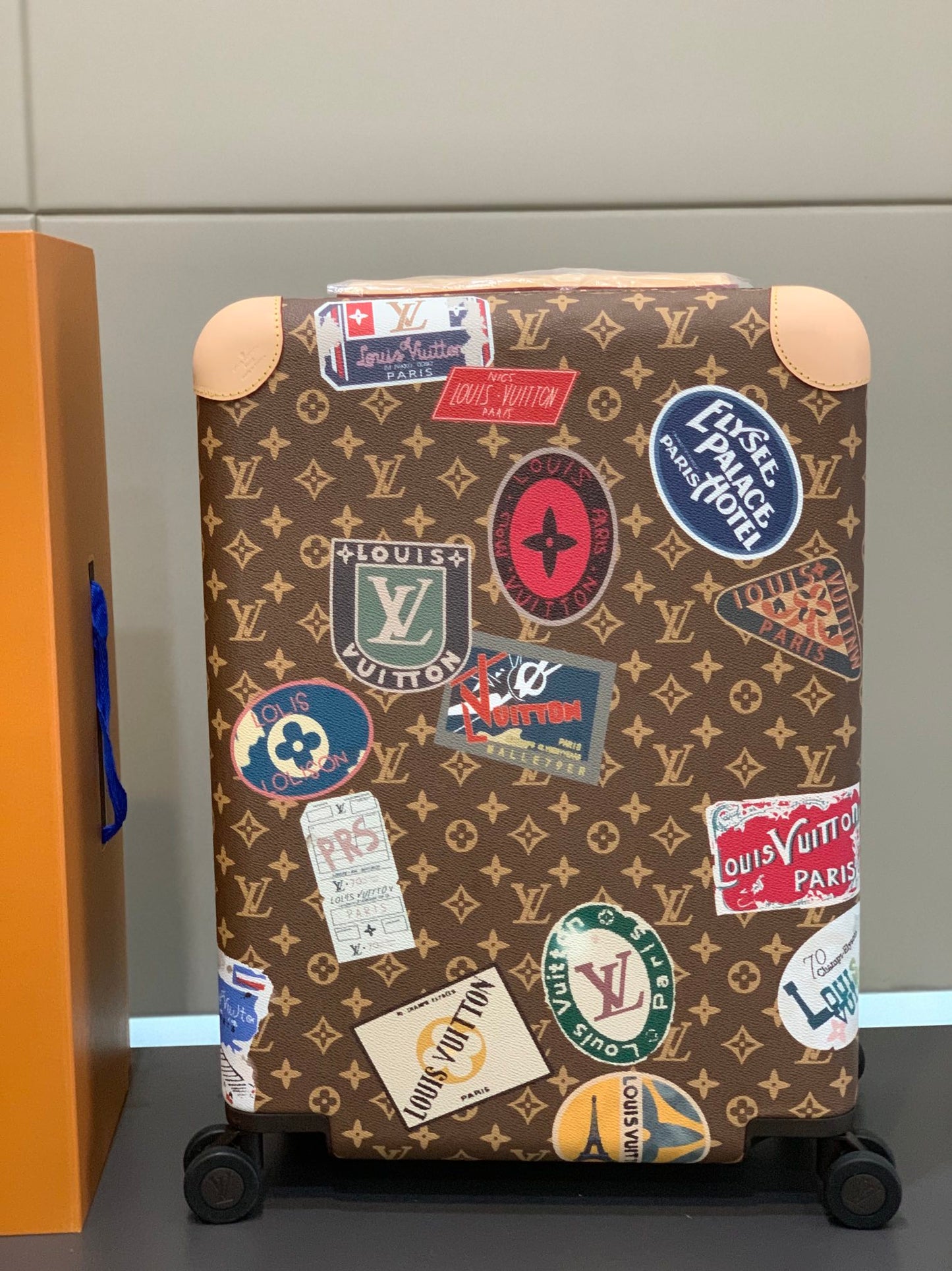 Vintage Monogram Rolling Luggage with Retro Travel Patches
