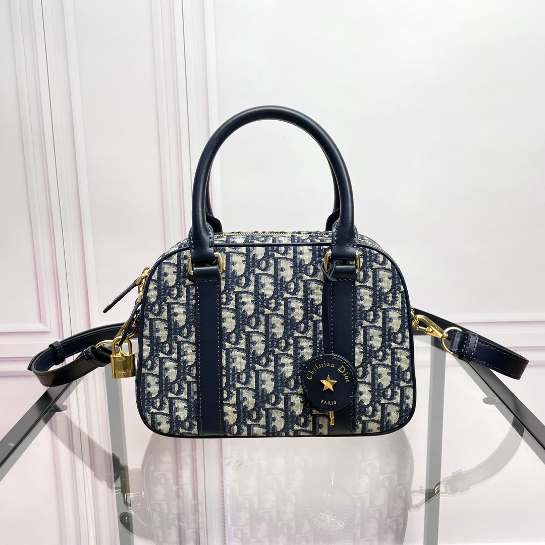 Christian Dior Oblique Jacquard Mini Bowling Bag - Blue and Beige Monogram