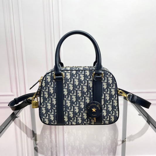 Christian Dior Oblique Jacquard Mini Bowling Bag - Blue and Beige Monogram