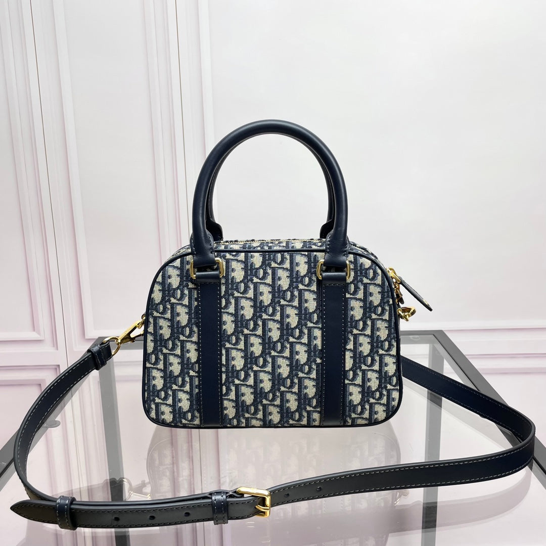 Christian Dior Oblique Jacquard Mini Bowling Bag - Blue and Beige Monogram