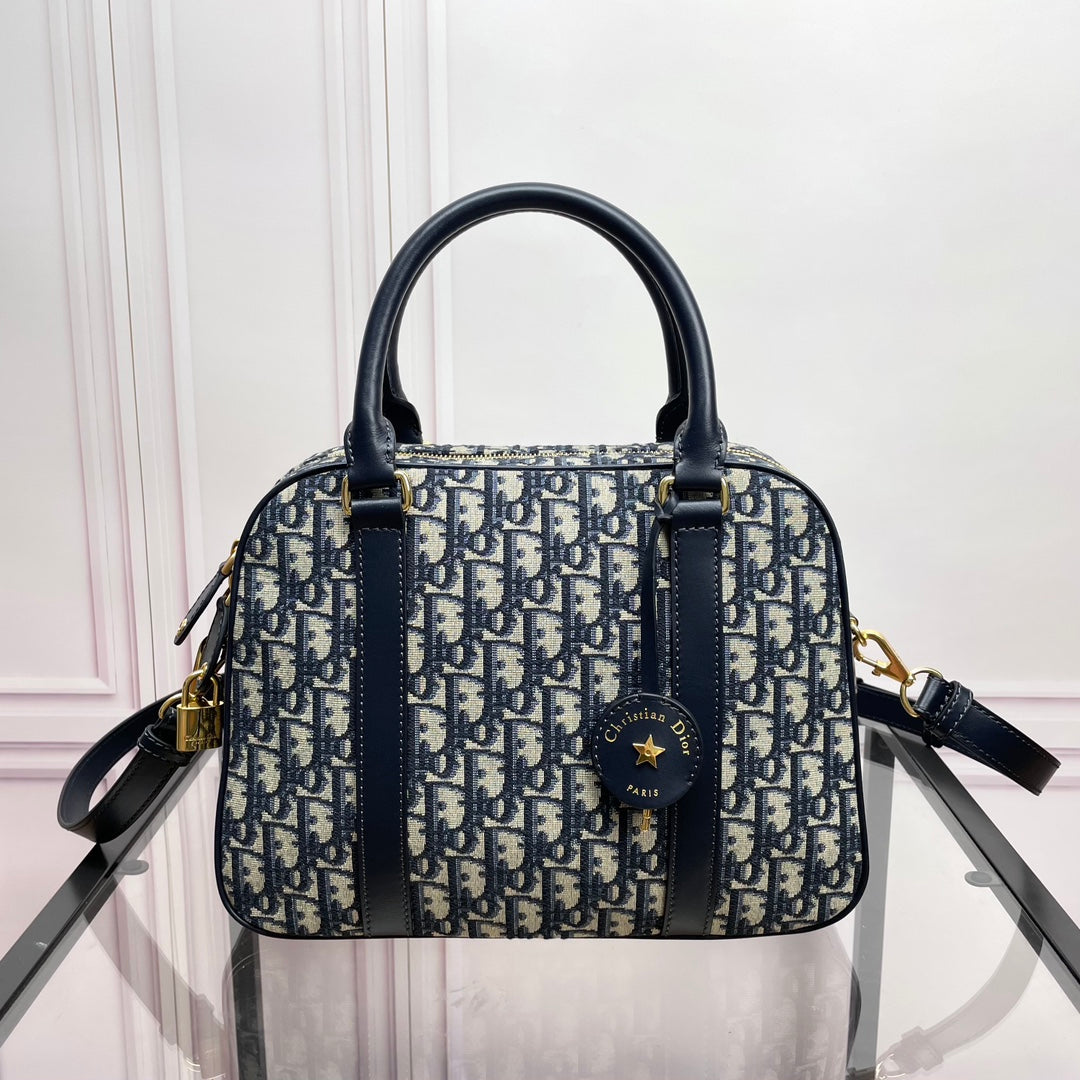 Dior Classic Navy Blue Monogram Canvas Satchel Bag with Top Handles