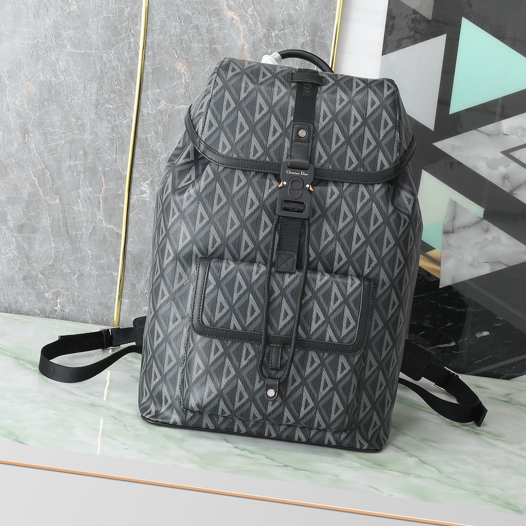 Men's Geometric Diamond Pattern Canvas Backpack - Grey Luxury Designer Style Rucksack