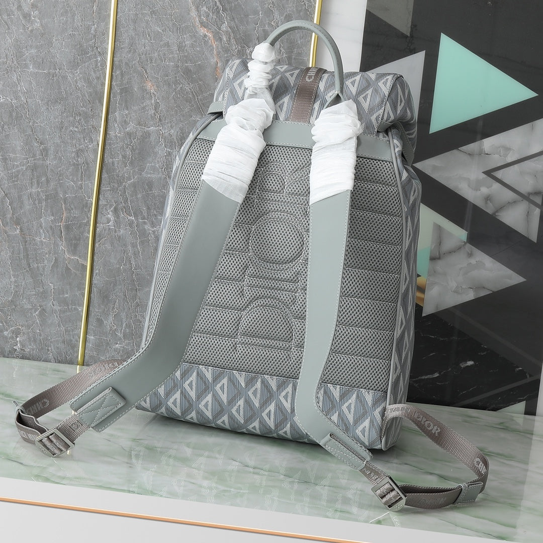 Grey Geometric Diamond Pattern Canvas Backpack with Buckle Detail