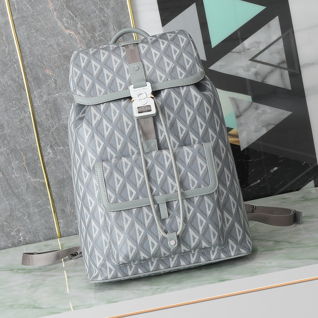 Grey Geometric Diamond Pattern Canvas Backpack with Buckle Detail
