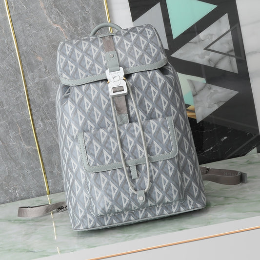 Grey Geometric Diamond Pattern Canvas Backpack with Buckle Detail