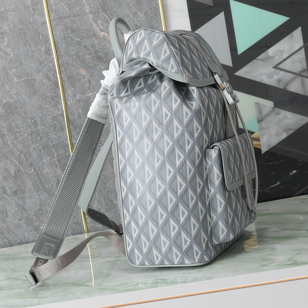 Grey Geometric Diamond Pattern Canvas Backpack with Buckle Detail