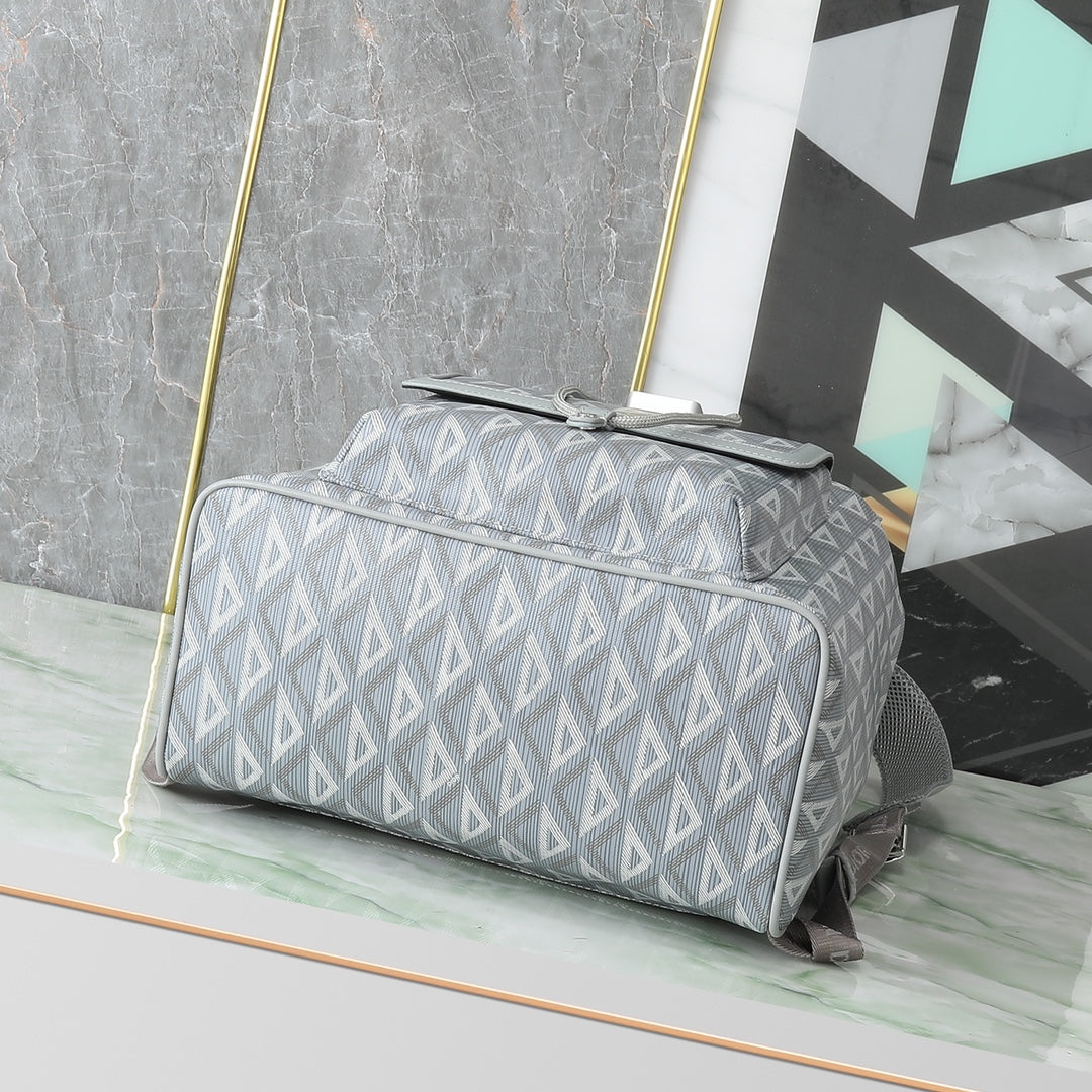 Grey Geometric Diamond Pattern Canvas Backpack with Buckle Detail
