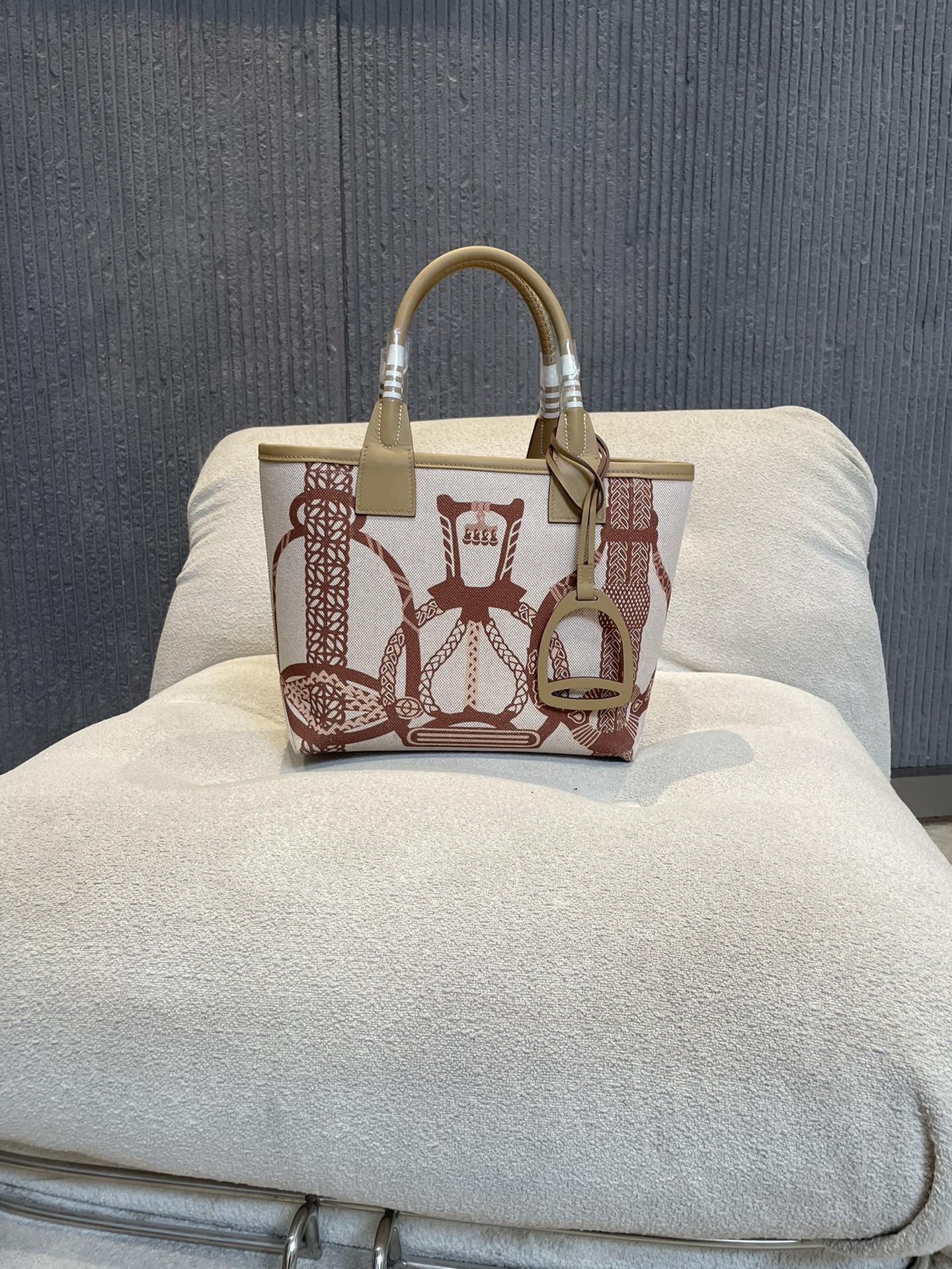 Equestrian Print Canvas Mini Tote Bag with Stirrup Charm