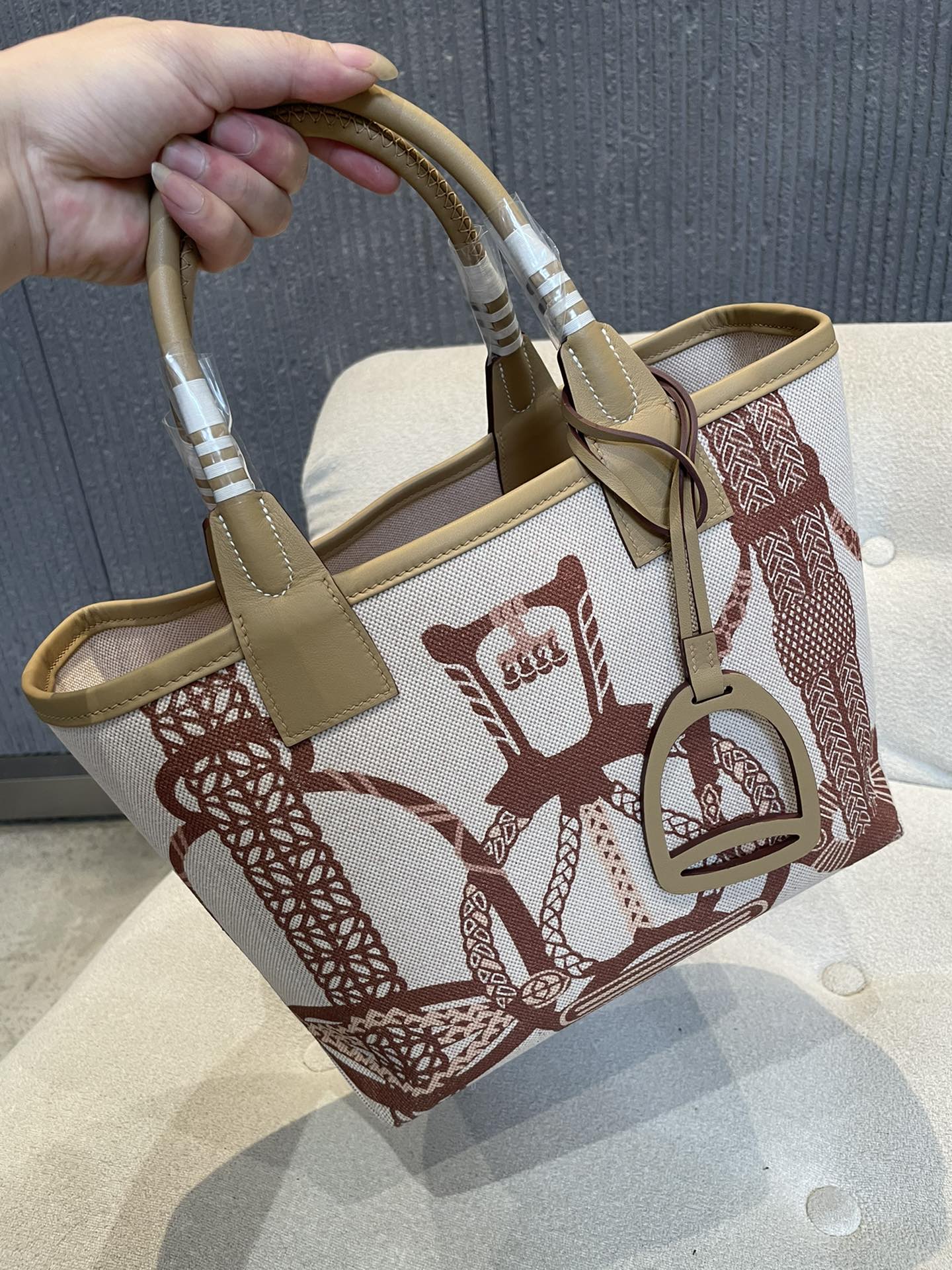 Equestrian Print Canvas Mini Tote Bag with Stirrup Charm