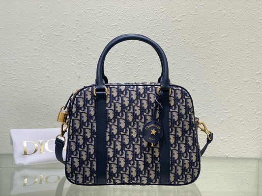 Dior Oblique Canvas Handbag - Navy Blue &amp; Beige Monogram Boston Bag