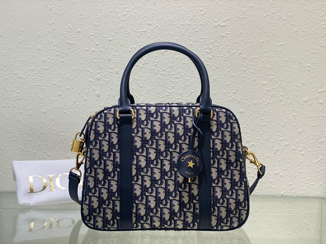 Christian Dior Blue Oblique Jacquard Medium Vibe Bowling Bag
