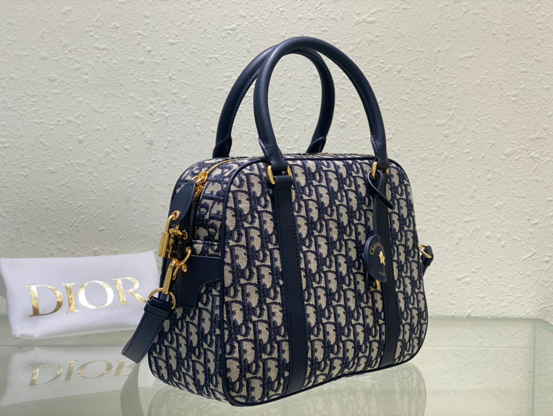 Christian Dior Blue Oblique Jacquard Medium Bowling Bag