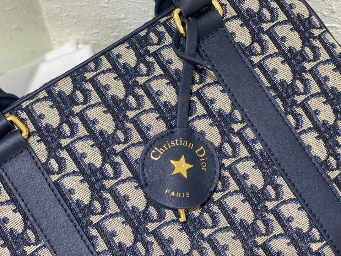Christian Dior Blue Oblique Jacquard Medium Vibe Bowling Bag