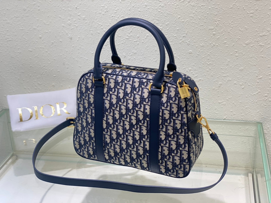 Christian Dior Blue Oblique Jacquard Medium Vibe Bowling Bag