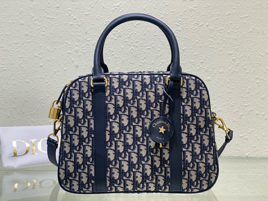 Dior Vintage Navy Blue Patterned Canvas Satchel Shoulder Bag