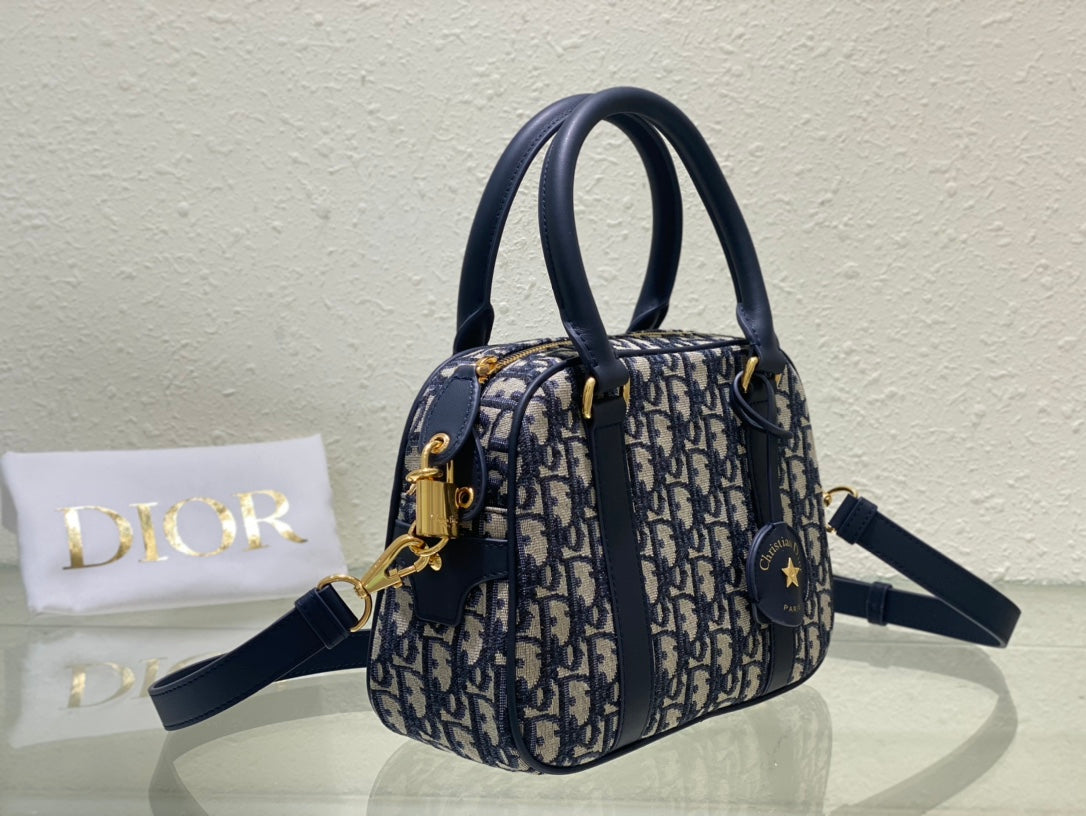 Christian Dior Oblique Mini Bowling Bag Blue Jacquard Top Handle Bag