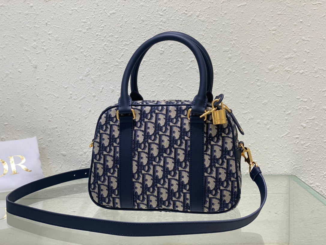 Women's Mini Monogram Canvas Bowling Bag with Shoulder Strap - Blue