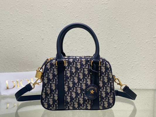 Women's Mini Monogram Canvas Bowling Bag with Shoulder Strap - Blue