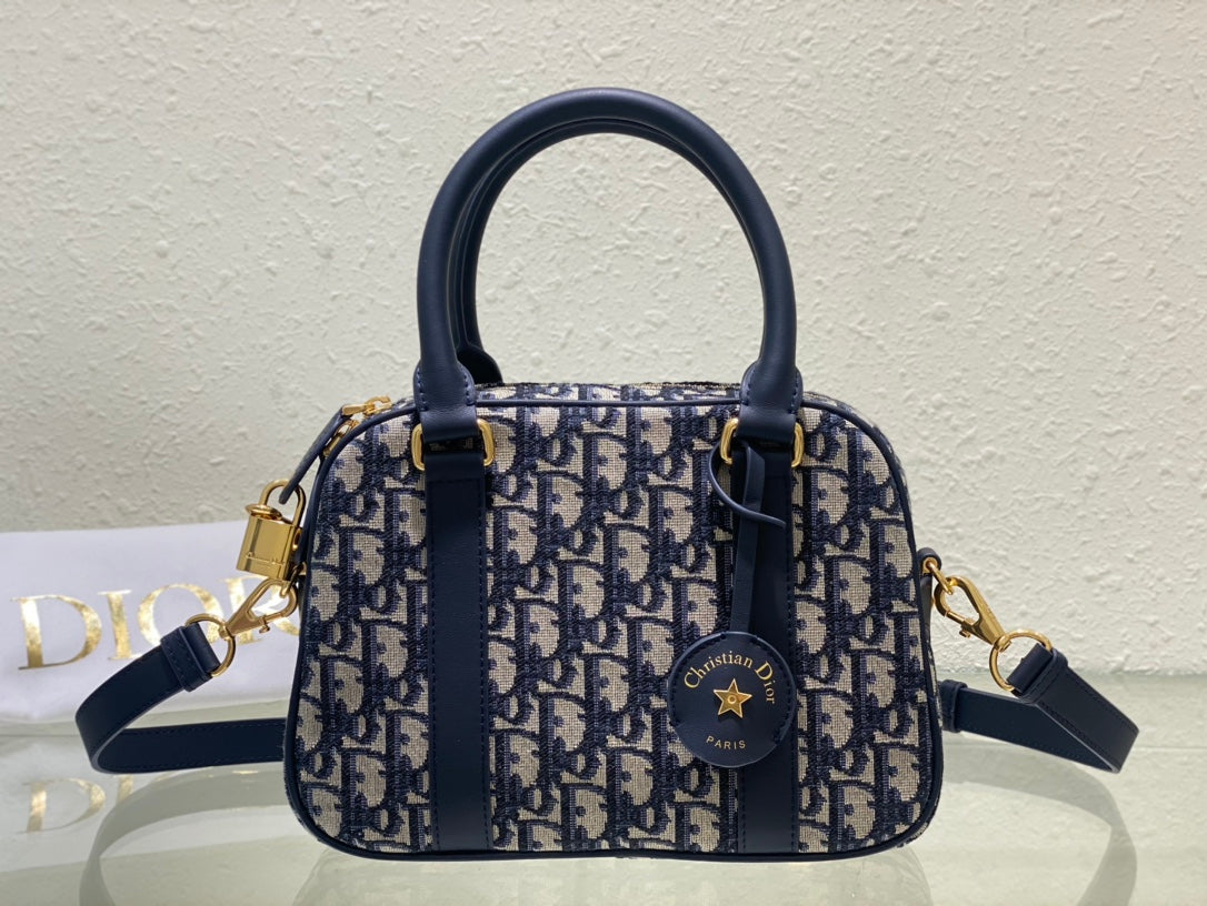 Women's Mini Monogram Canvas Bowling Bag with Shoulder Strap - Blue