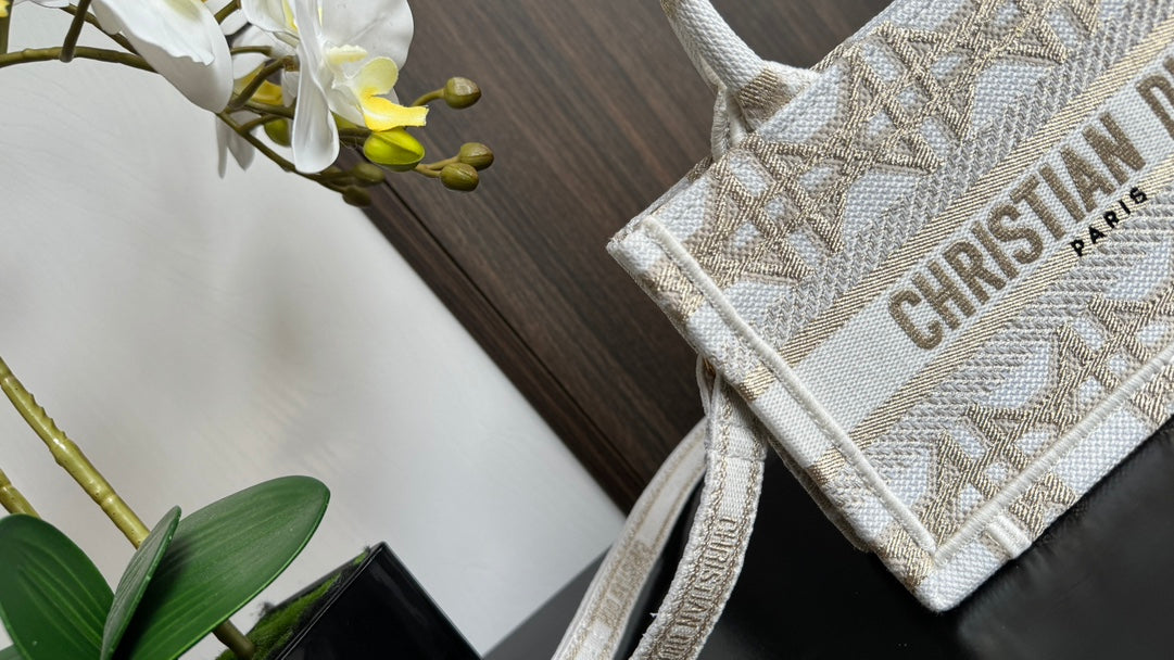Christian Dior Mini Book Tote Bag - Beige Geometric Embroidered Canvas