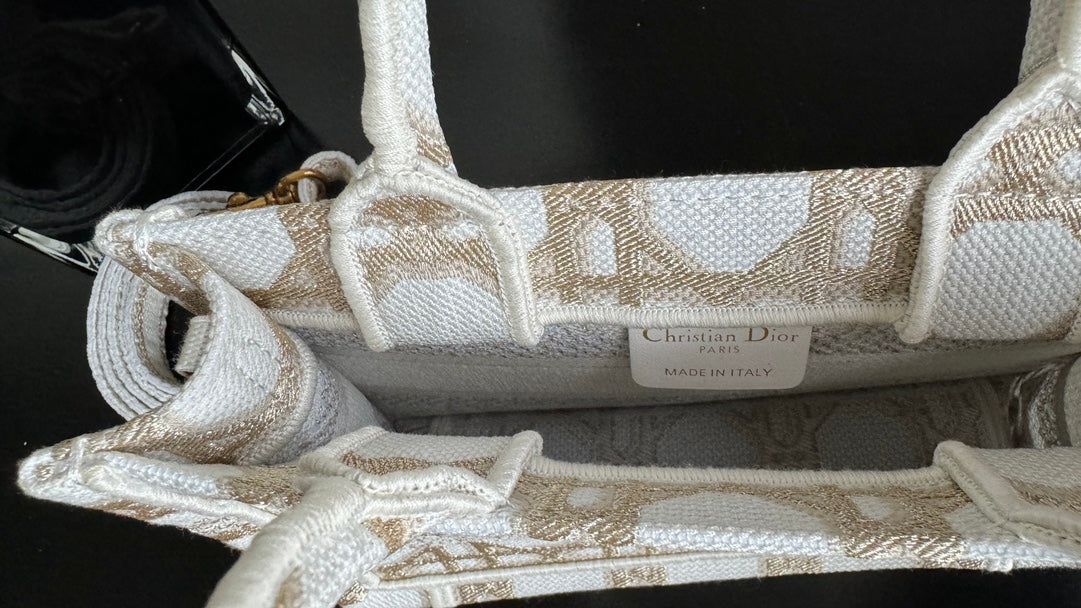 Dior Elegant Beige Geometric Embroidered Mini Canvas Tote Handbag
