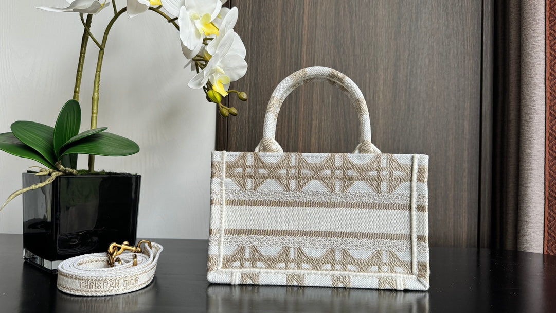 Christian Dior Mini Book Tote Bag - Beige Geometric Embroidered Canvas