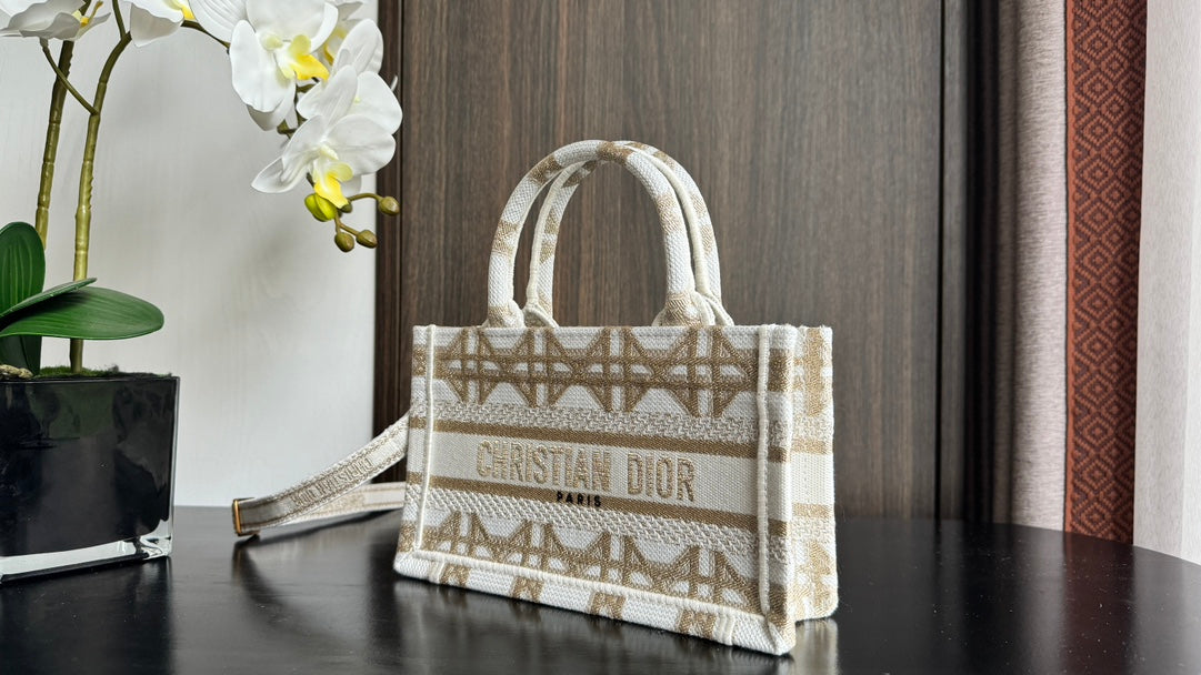 Christian Dior Mini Book Tote Bag - Beige Geometric Embroidered Canvas