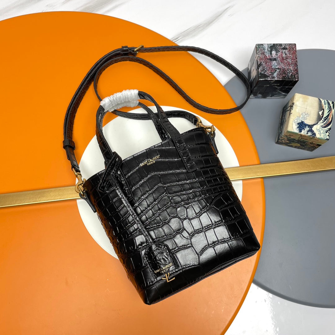 Black Crocodile Embossed Leather Mini Tote Bag - Elegant Crossbody Handbag