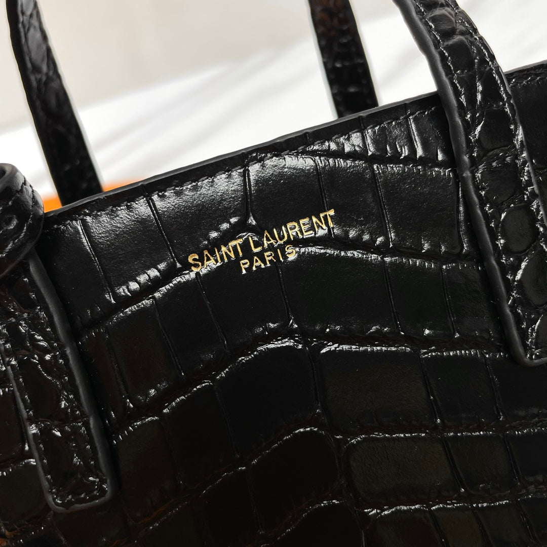 Black Crocodile Embossed Leather Mini Tote Bag - Elegant Crossbody Handbag
