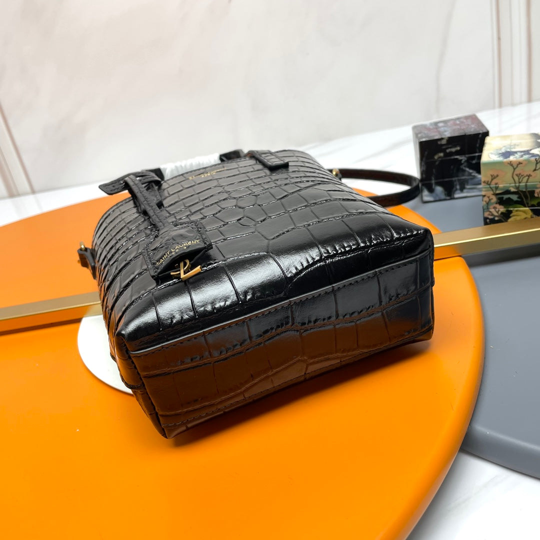 Black Crocodile Embossed Leather Mini Tote Bag - Elegant Crossbody Handbag